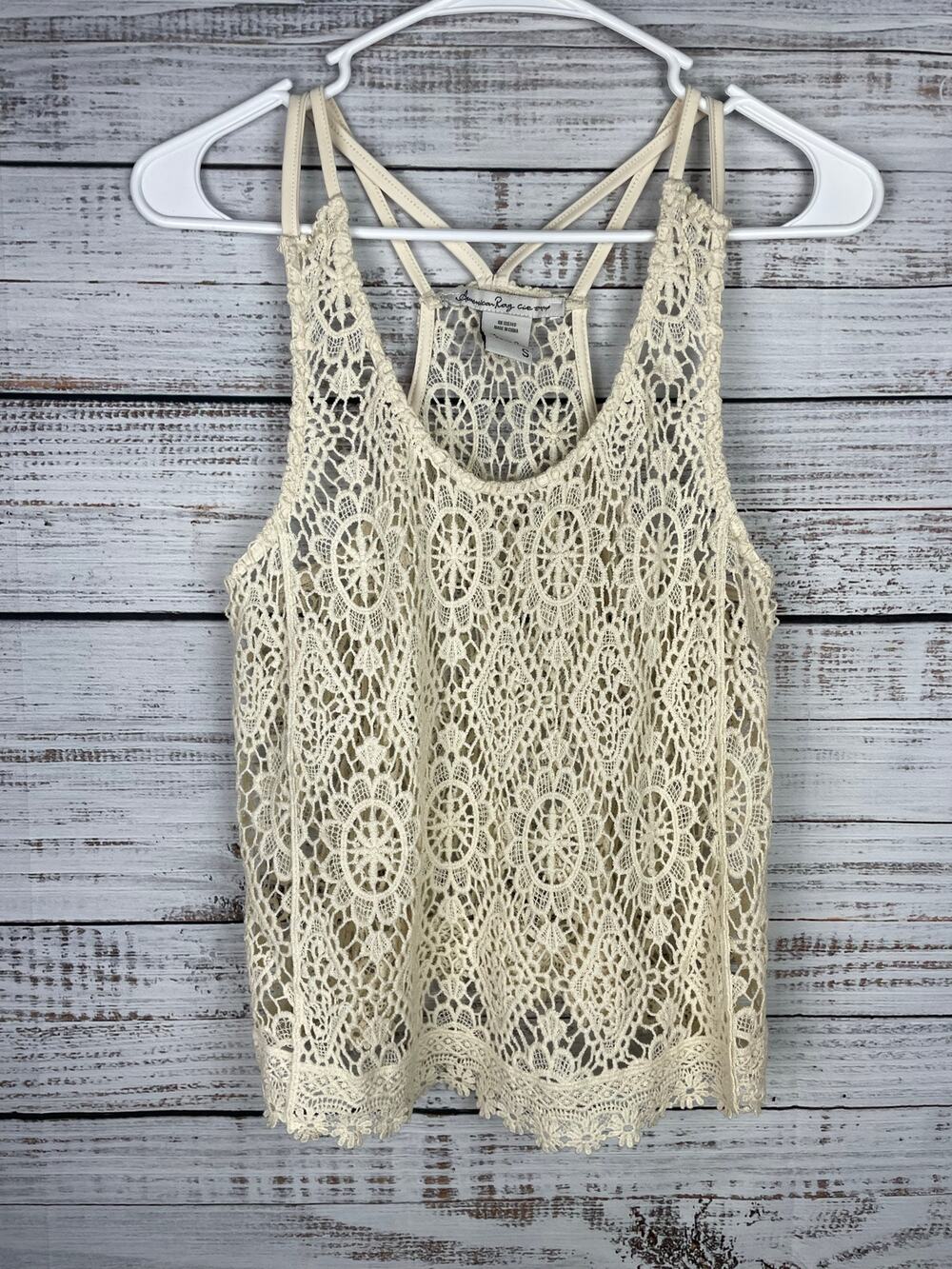 American Rag Crochet Tank Top Cream Small Boho Coastal Cowgirl Hippie Cotton